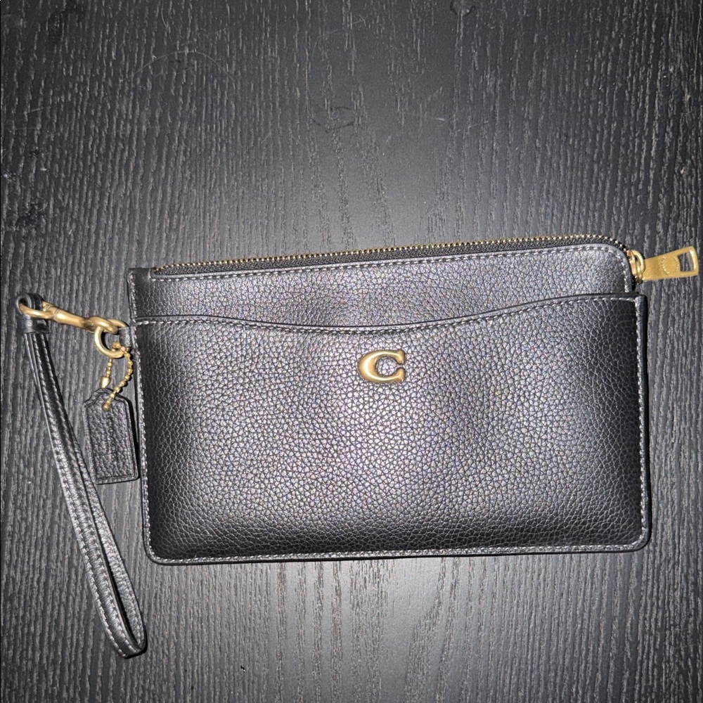 Coach Black Pebbled Leather Wristlet with Gold Logo